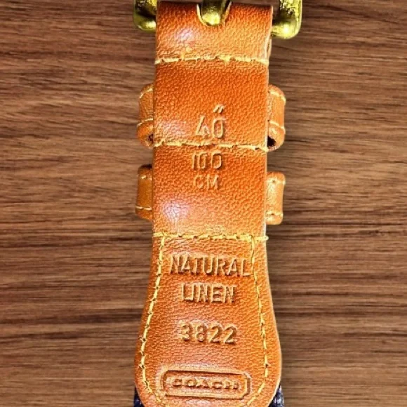 Vintage COACH Preppy Tab Belt Size 40 Natural Linen Navy Leather Brass 3822 - Picture 6 of 6